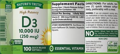 Photo of the Nature's Truth High Potency D3 10,000 IU (250 mcg) label