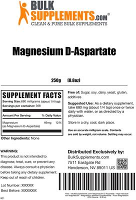 Photo of the BulkSupplements.com Magnesium D-Aspartate label