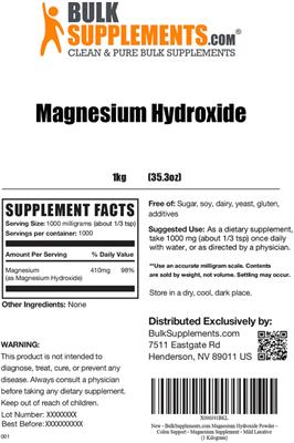 Photo of the BulkSupplements.com Magnesium Hydroxide label