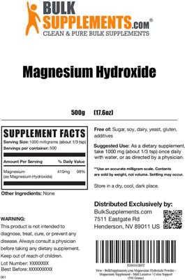 Photo of the BulkSupplements.com Magnesium Hydroxide label