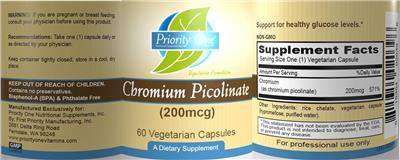 Photo of the Priority One Nutritional Supplements Chromium Picolinate (200 mcg) label