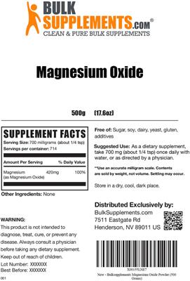 Photo of the BulkSupplements.com Magnesium Oxide label