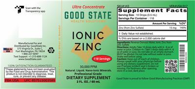 Photo of the Good State Ionic Zinc 30,000 PPM label