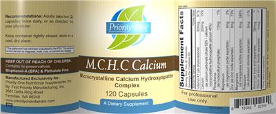Photo of the Priority One Nutritional Supplements M.C.H.C Calcium label