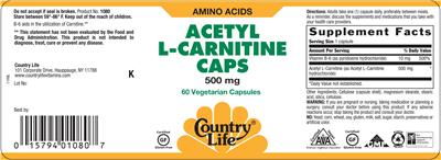 Photo of the Country Life Acetyl L-Carnitine Caps 500 mg label