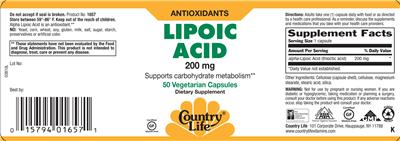 Photo of the Country Life Lipoic Acid 200 mg label