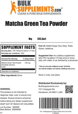 Photo of the BulkSupplements.com Matcha Green Tea Powder label