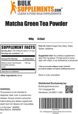 Photo of the BulkSupplements.com Matcha Green Tea Powder label