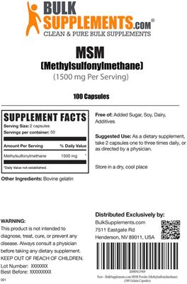 Photo of the BulkSupplements.com MSM (Methylsulfonylmethane) 1500 mg label
