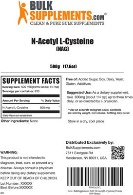 Photo of the BulkSupplements.com N-Acetyl L-Cysteine (NAC) label