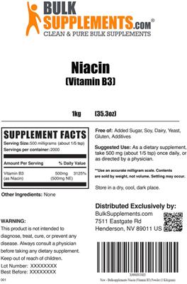 Photo of the BulkSupplements.com Niacin (Vitamin B3) label