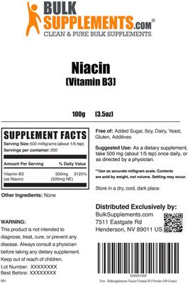 Photo of the BulkSupplements.com Niacin (Vitamin B3) label