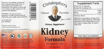 Photo of the Christopher's Original Formulas Kidney Formula label