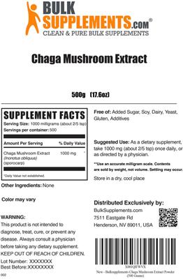Photo of the BulkSupplements.com Chaga Mushroom Extract label