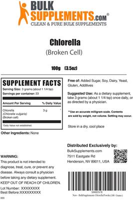 Photo of the BulkSupplements.com Chlorella (Broken Cell) label