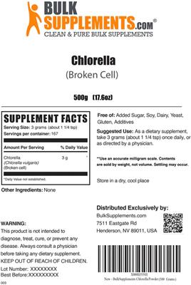 Photo of the BulkSupplements.com Chlorella (Broken Cell) label