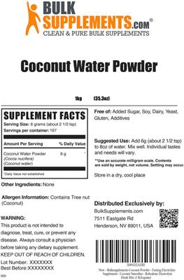 Photo of the BulkSupplements.com Coconut Water Powder label