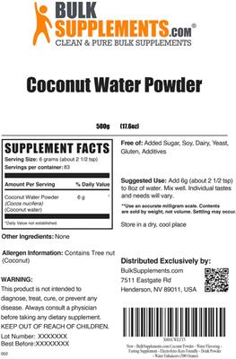 Photo of the BulkSupplements.com Coconut Water Powder label