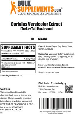Photo of the BulkSupplements.com Coriolus Versicolor Extract (Turkey Tail Mushroom) label