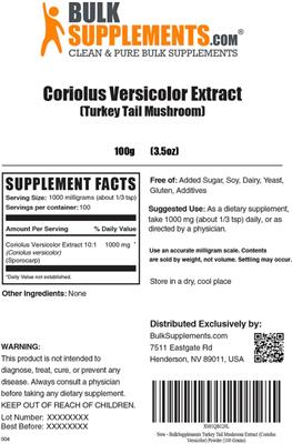 Photo of the BulkSupplements.com Coriolus Versicolor Extract (Turkey Tail Mushroom) label
