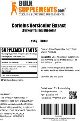 Photo of the BulkSupplements.com Coriolus Versicolor Extract (Turkey Tail Mushroom) label