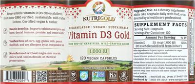 Photo of the NutriGold Vitamin D3 Gold 1,000 IU label