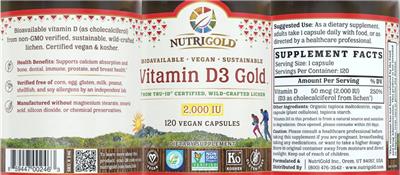 Product label for Vitamin D3 Gold 2,000 IU