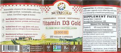 Photo of the NutriGold Vitamin D3 Gold 5,000 IU label