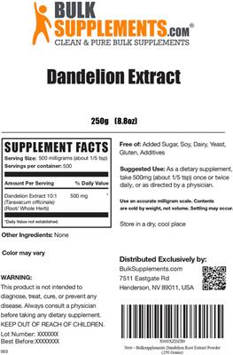 Photo of the BulkSupplements.com Dandelion Extract label