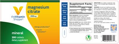 Photo of the The Vitamin Shoppe Magnesium Citrate 200 mg label
