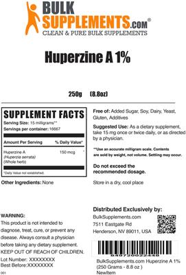 Photo of the BulkSupplements.com Huperzine A 1% label