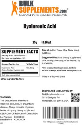 Photo of the BulkSupplements.com Hyaluronic Acid label