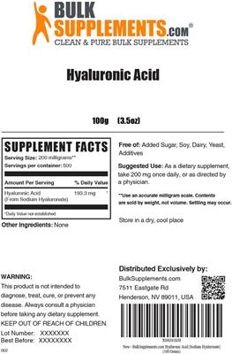 Photo of the BulkSupplements.com Hyaluronic Acid label