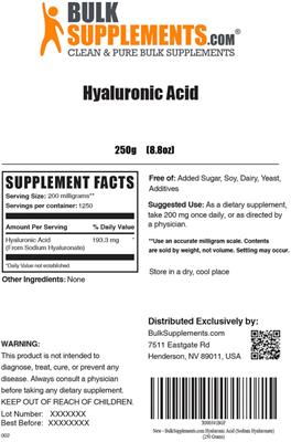 Photo of the BulkSupplements.com Hyaluronic Acid label