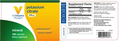 Photo of the The Vitamin Shoppe Potassium Citrate 99 mg label