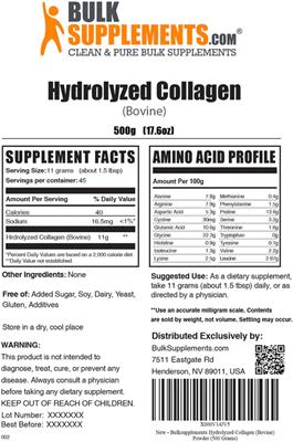 Photo of the BulkSupplements.com Hydrolyzed Collagen (Bovine) label