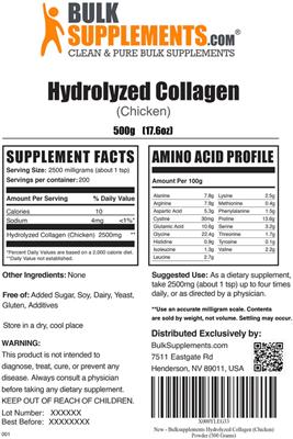 Photo of the BulkSupplements.com Hydrolyzed Collagen (Chicken) label