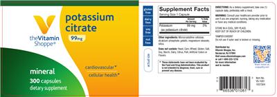 Photo of the The Vitamin Shoppe Potassium Citrate 99 mg label
