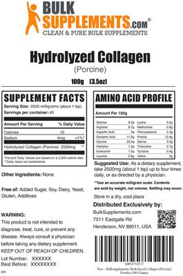 Product label for Hydrolyzed Collagen (Porcine)