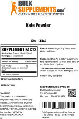Photo of the BulkSupplements.com Kale Powder label