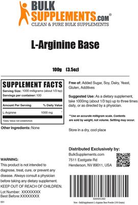 Photo of the BulkSupplements.com L-Arginine Base label