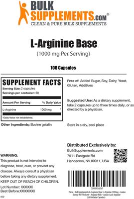 Photo of the BulkSupplements.com L-Arginine Base 1000 mg label