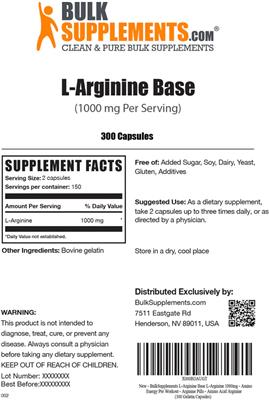 Photo of the BulkSupplements.com L-Arginine Base 1000 mg label