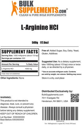 Photo of the BulkSupplements.com L-Arginine HCl label