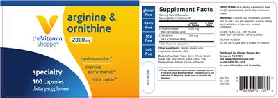 Photo of the The Vitamin Shoppe Arginine & Ornithine 2000 mg label