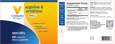 Photo of the The Vitamin Shoppe Arginine & Ornithine 2000 mg label