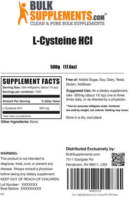 Photo of the BulkSupplements.com L-Cysteine HCl label