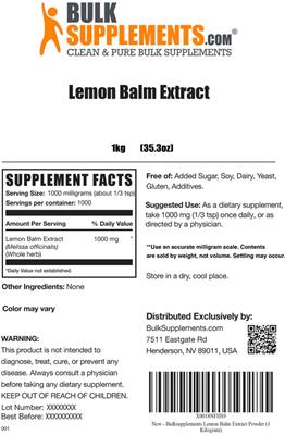 Photo of the BulkSupplements.com Lemon Balm Extract label