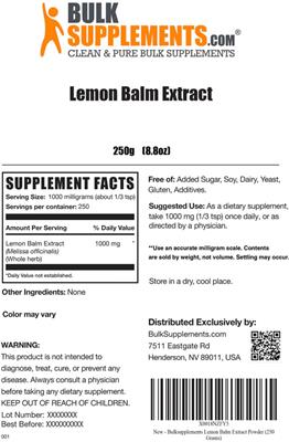 Photo of the BulkSupplements.com Lemon Balm Extract label