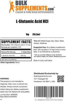 Photo of the BulkSupplements.com L-Glutamic Acid HCl label